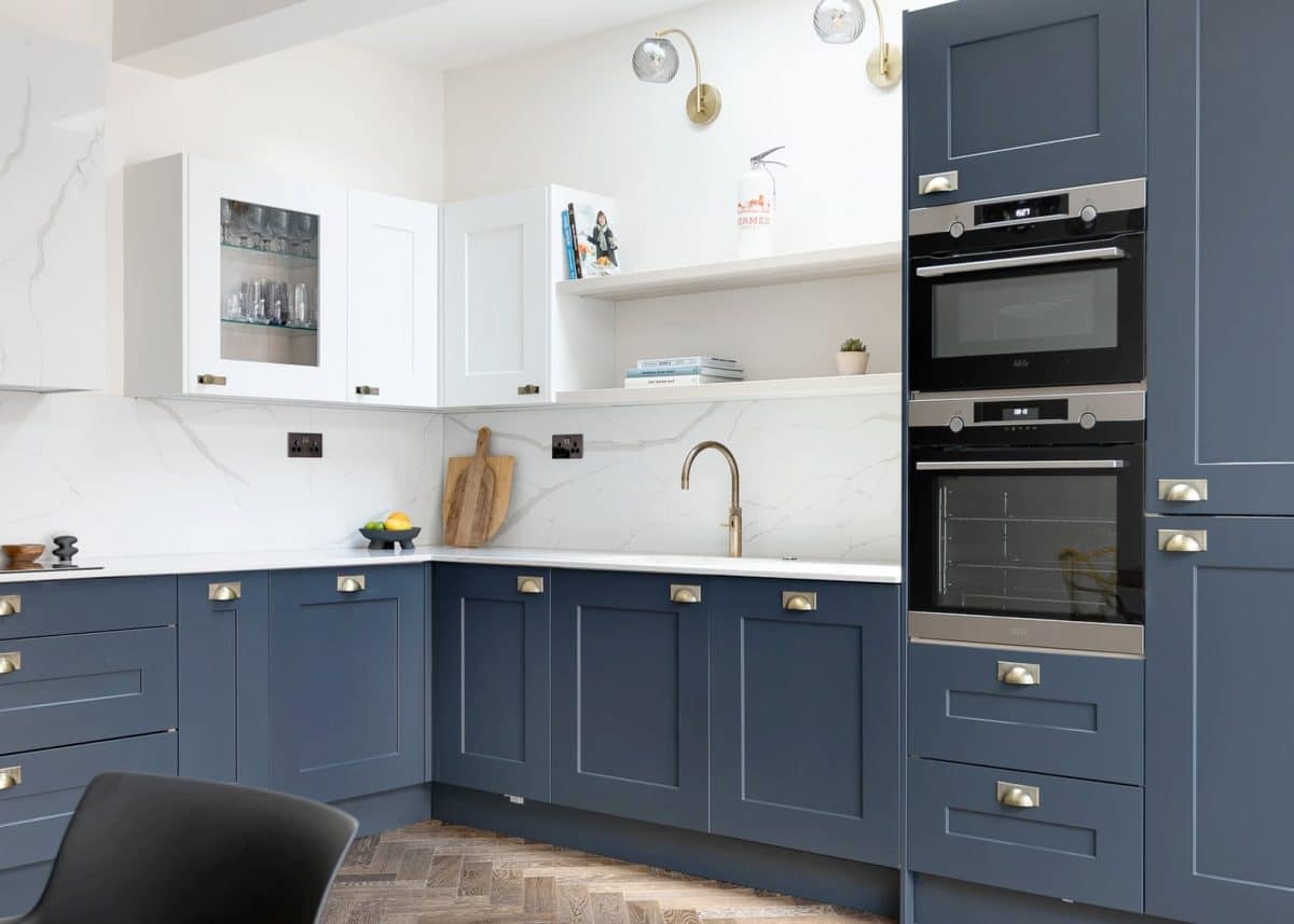blue built-in cabinets