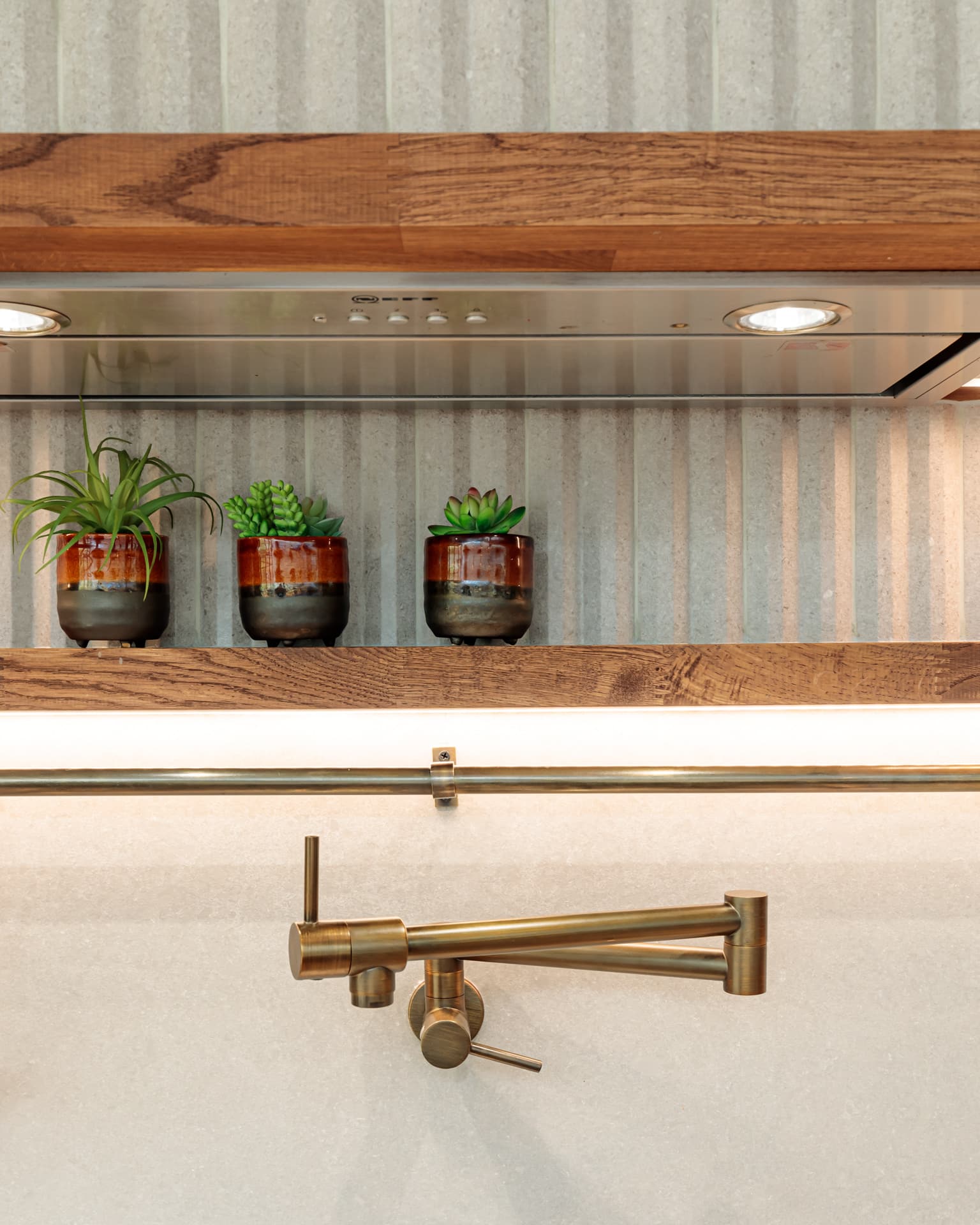 Image of a modern kitchen shelf featuring three small potted succulents in decorative pots, placed above a sleek kitchen countertop. The background showcases a textured wall with subtle lighting, creating an inviting atmosphere. An Arch KBB team member is present, contributing to the kitchen design.