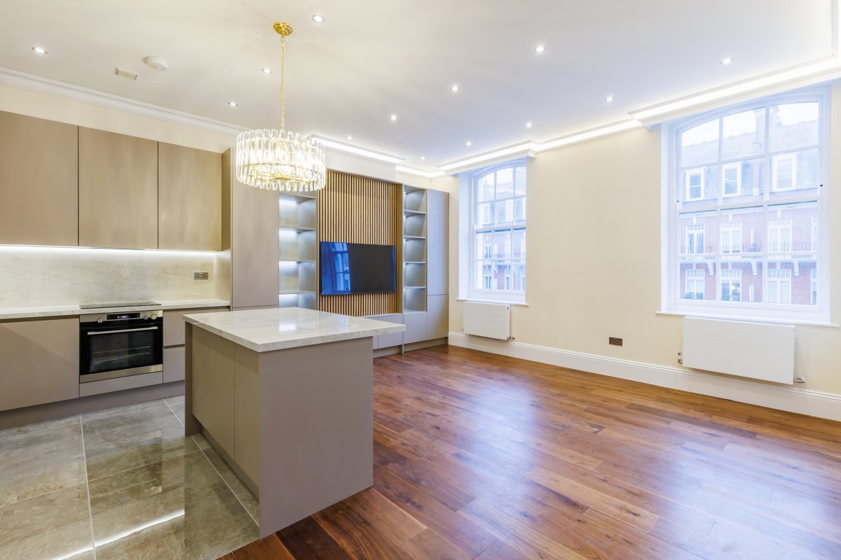 Modern open-concept kitchen and living area featuring a sleek island, contemporary cabinetry, and elegant lighting, with hardwood flooring and large windows allowing natural light.