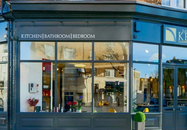 Exterior view of Arch KBB showroom in London, showcasing kitchen, bathroom, and bedroom design services.