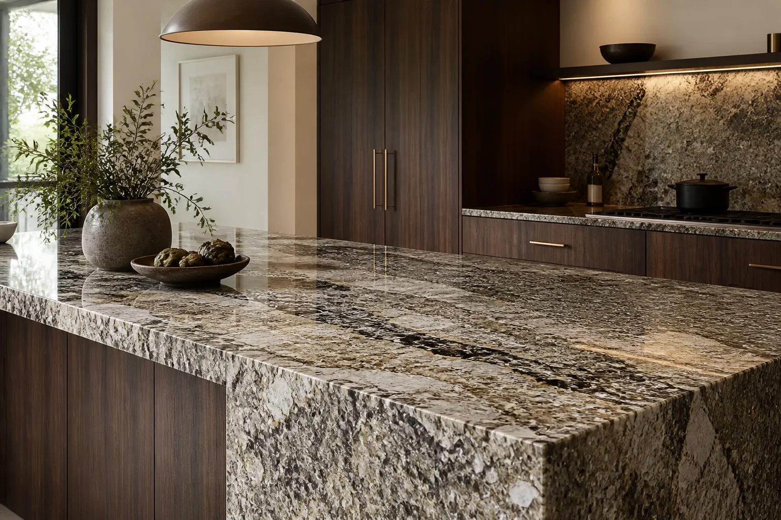 Patagonia-style natural granite with cream, taupe and charcoal crystalline movement in a dark walnut kitchen