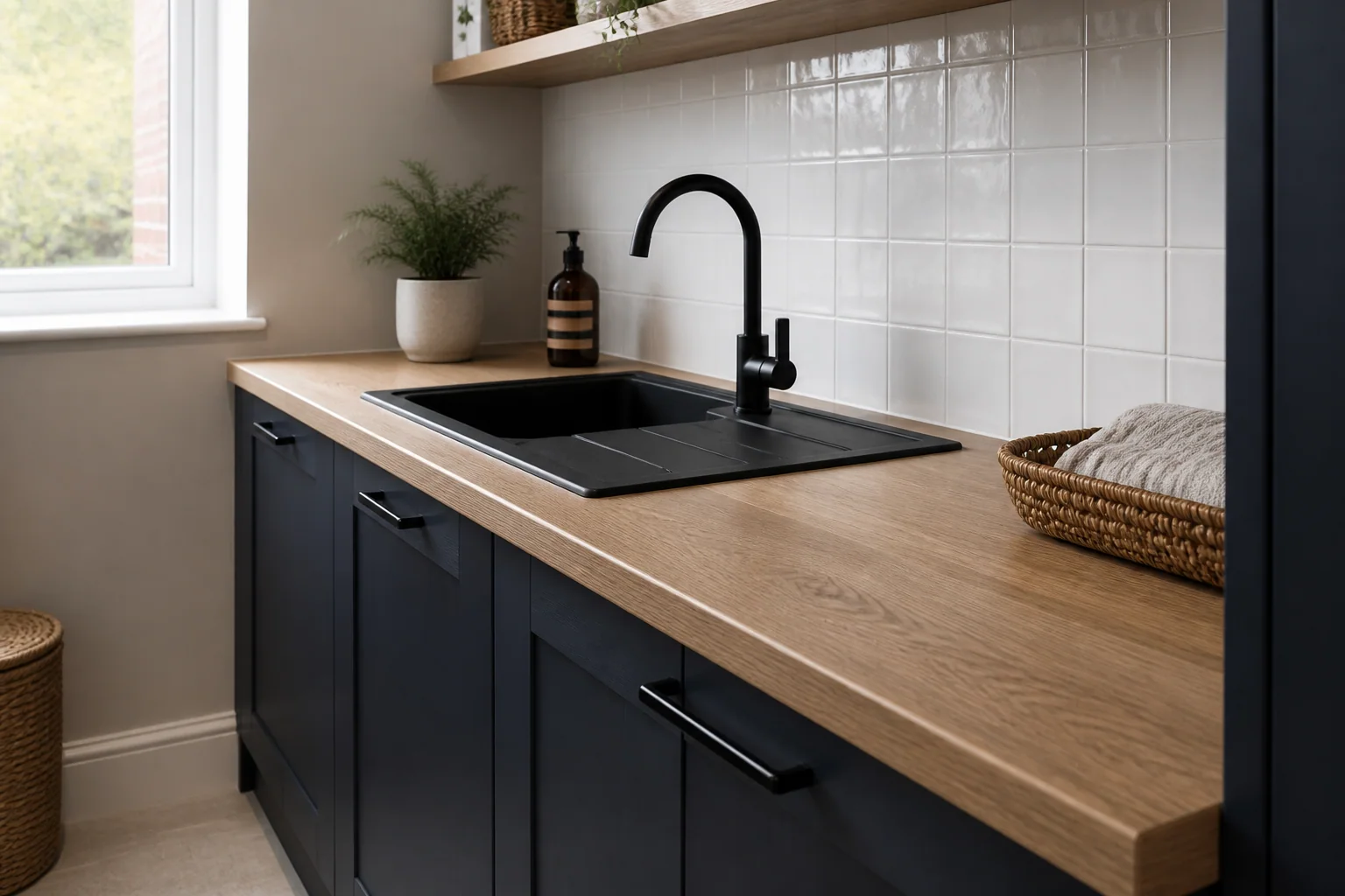 Warm oak-effect laminate worktop with a sealed sink cut-out in a compact navy utility kitchen