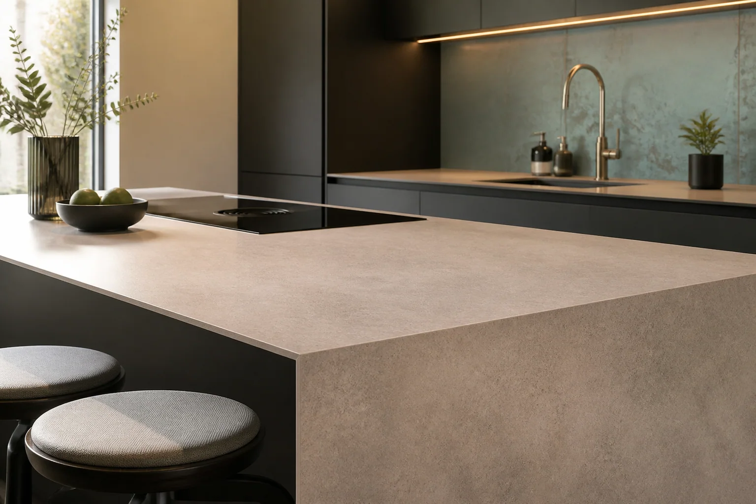 Thin taupe porcelain worktop with a waterfall end in a charcoal handleless kitchen