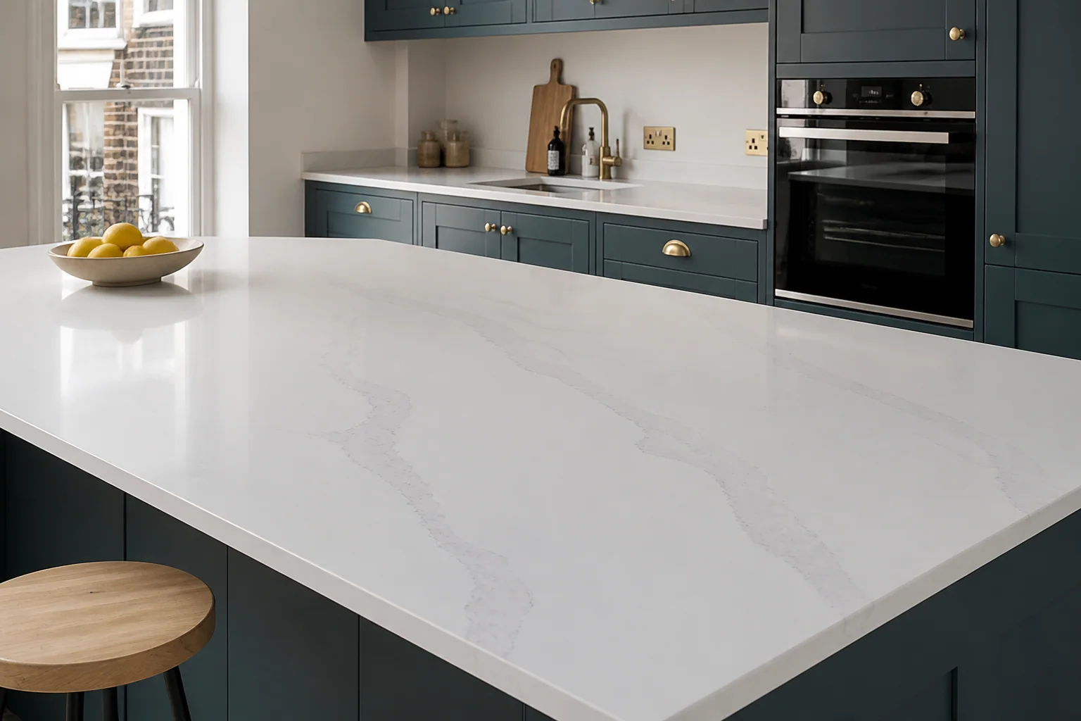 Pale engineered quartz island with subtle grey veining in a deep teal shaker kitchen