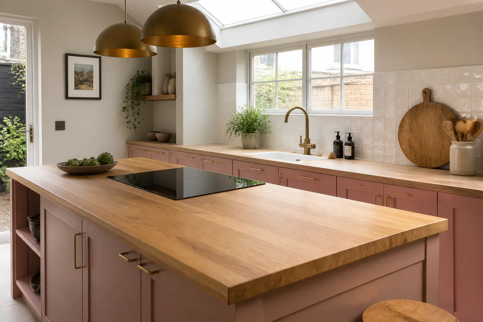 Solid oak worktops with visible natural grain in a dusty rose shaker kitchen