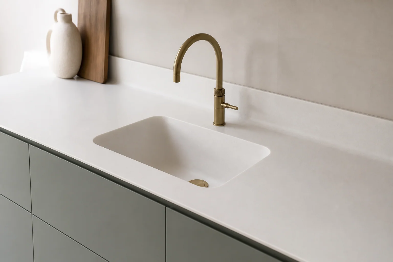 Warm white solid-surface worktop with a seamless integrated sink above sage cabinetry