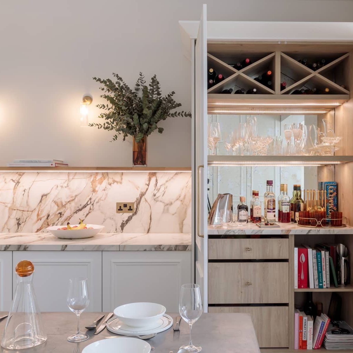 built in hidden pantry white kitchen